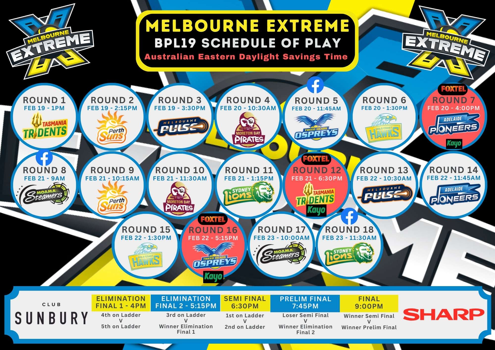 Melbourne Extreme SCHEDULE OF PLAY BPL19